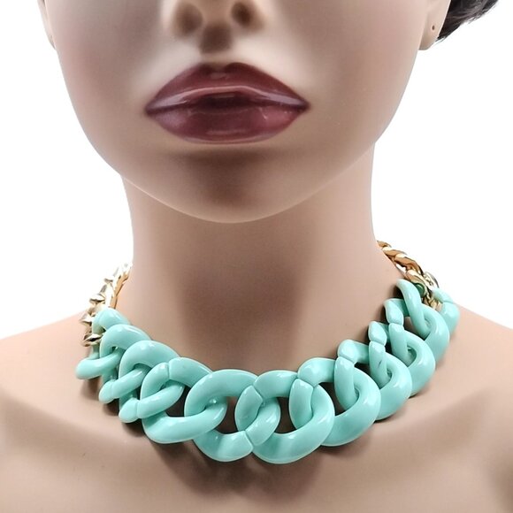 Mint Green Chunky Curb Link Gold Tone Statement Necklace - Picture 16 of 16